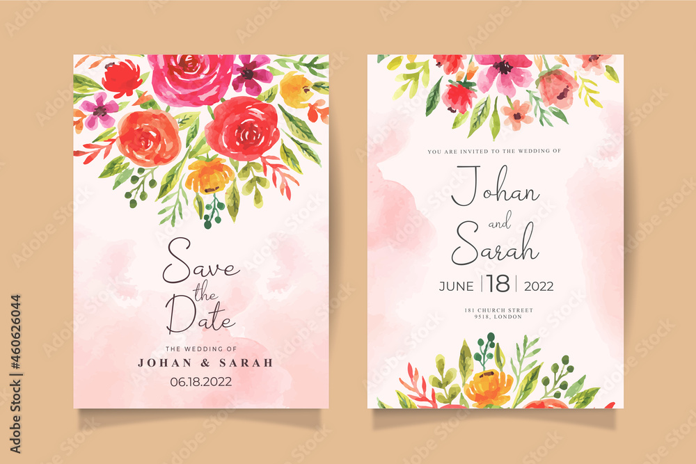 Watercolor wedding invitation template with colorful flowers