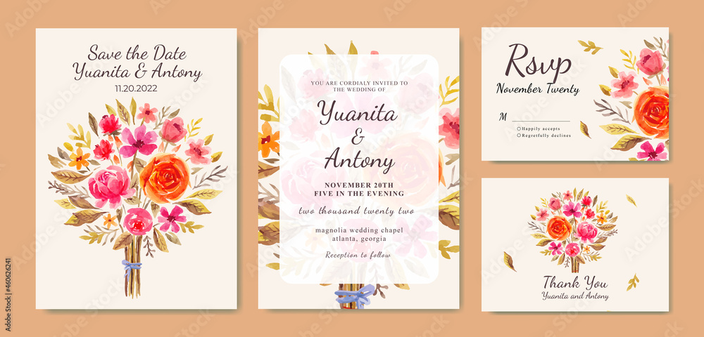 Watercolor autumn floral bouquet with orange and red blossoms wedding invitation card