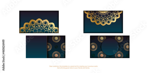 Gradient blue gradient business card with Greek gold ornaments for your personality.