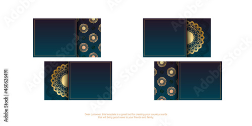 Business card with gradient blue color with greek gold ornaments for your brand.