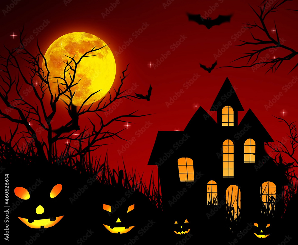 Halloween background. A creepy castle with glowing windows and pumpkin faces. Silhouette of a house, trees and bats with a glowing moon