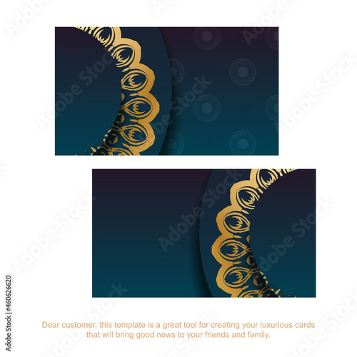 Business card with gradient blue color with indian gold pattern for your brand.