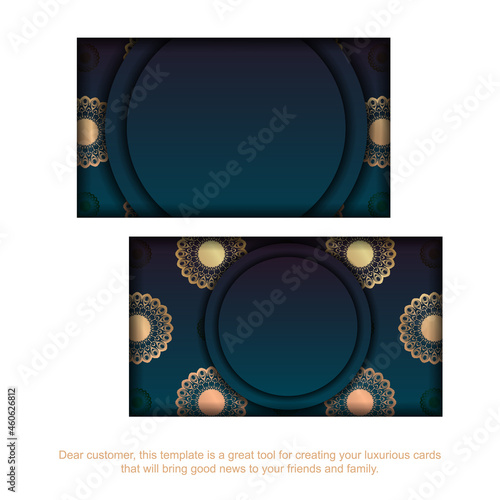 Business card with gradient blue color with Indian gold ornaments for your brand.