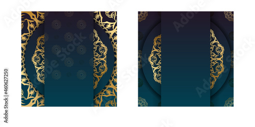Gradient blue gradient greeting card template with vintage gold pattern prepared for typography.