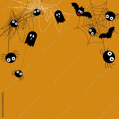 Spider and cobweb background. The scary of the Halloween with spider, bats and ghost on orange background. Vector illustration.