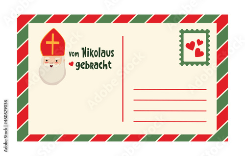 Translation from German: Brought by Nicholas. Cute message for kids from Saint Nicholas. St. Nicholas face. Sweet old man bishop. Vector vintage children postcard template isolated