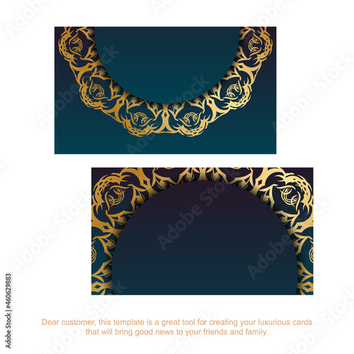 Business card template with gradient blue color with vintage gold ornaments for your business.