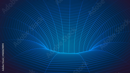 Wireframe tunnel. Perspective grid background. Simple lines on a dark background. Vector illustration.