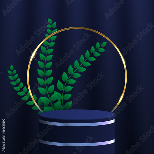 Vector illustration of a 3D cylindrical podium with golden circles and leaves. Empty pedestal concept for fashion and cosmetic display