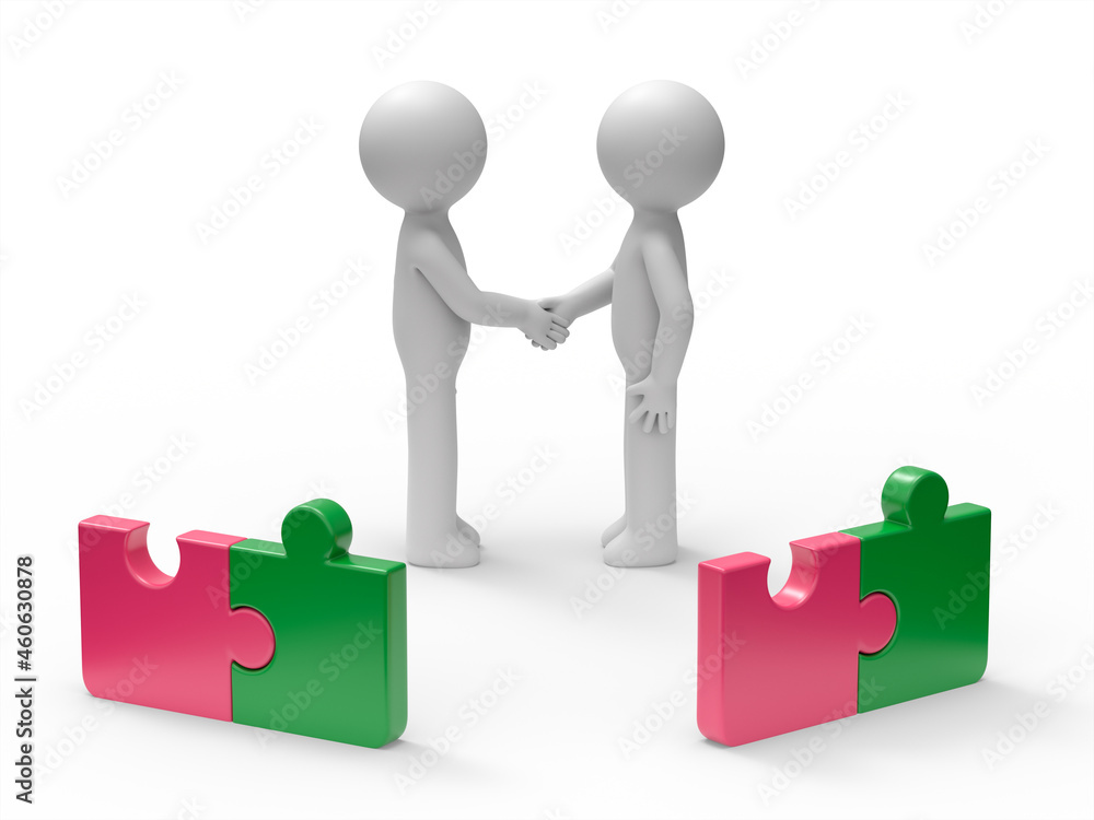 3d Businessmen of different teams shake hands behind puzzle pieces with different color. 3d Businessmen of different teams shake hands behind puzzle pieces with different color.