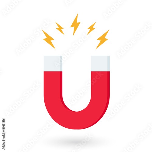 Red horseshoe magnet with magnetic power sign on white background. u-shaped magnet icon. Magnetism, magnetize, attraction concept. Vector illustration.