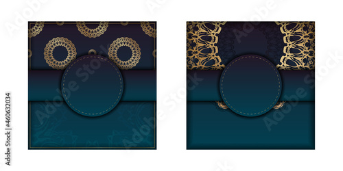 Template Congratulatory Brochure with gradient blue color with mandala gold ornament prepared for printing.