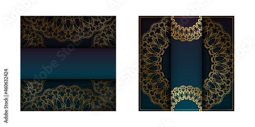 Template Congratulatory Brochure with gradient blue color with abstract gold ornament prepared for printing.