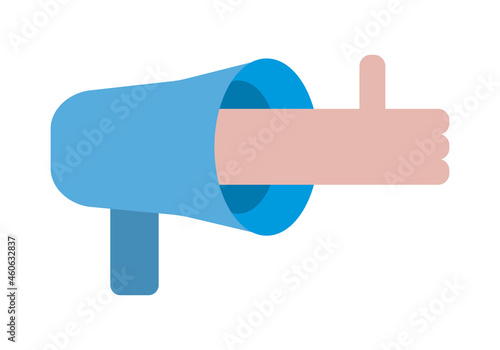 Altavoz azul con mano con pulgar arriba.