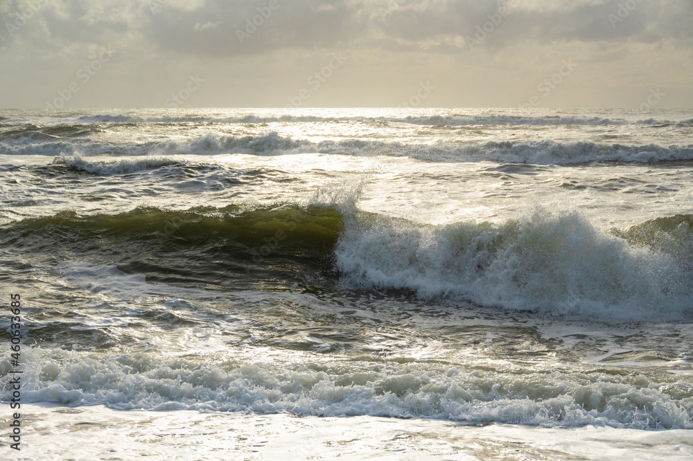 Troubled sea, breaking waves and green water flooded with golden light in the sunset.