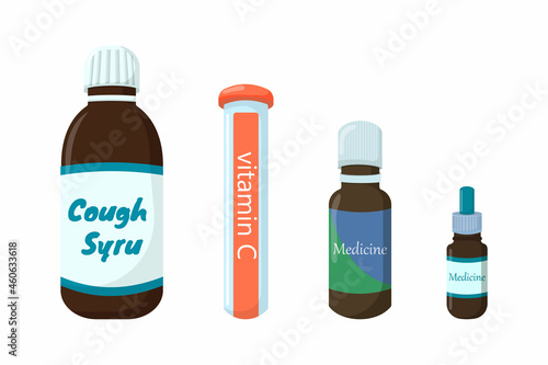 Healthcare medications in different forms set vector illustration. Bottle with pills, plastic tubes with caps, blisters and droplets flat style. Meds concept. Isolated on white background