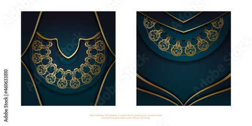 Gradient Blue Gradient Brochure Template with Greek Gold Pattern prepared for typography.
