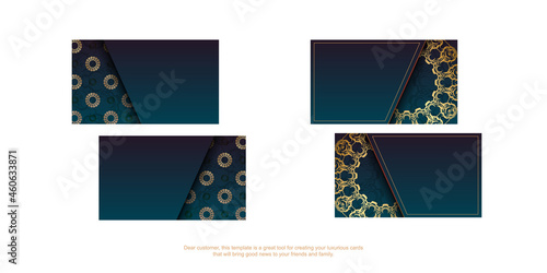 Gradient blue business card template with vintage gold ornaments for your business.