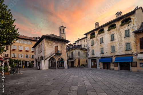 Piazza Mario Motta  in Orta San Giulio (Italy) in the morning during sunrise. photo