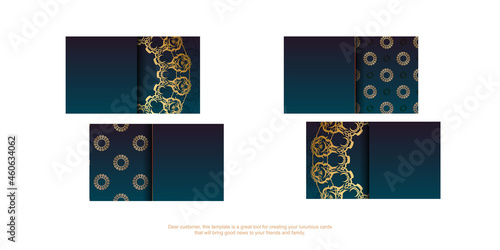 Business card template with gradient blue color with mandala gold pattern for your brand.