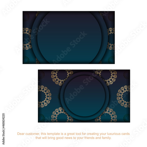 Business card template with gradient blue color with abstract gold pattern for your business.