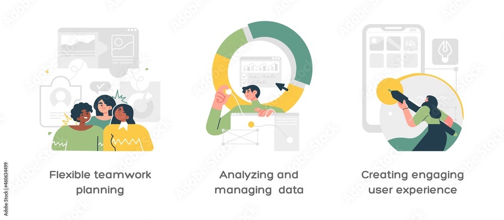 Effective team-working abstract concept vector illustration set. Planning, analyzing, experience abstract metaphor Effective team-working abstract concept vector illustration set. Planning, analyzing, experience abstract metaphor