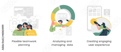 Effective team-working abstract concept vector illustration set. Planning, analyzing, experience abstract metaphor