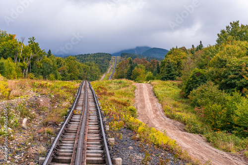 The old world's first cogwheel railroad in the White Mountains of New Hampshire leading to the summit of Mount Washington.
