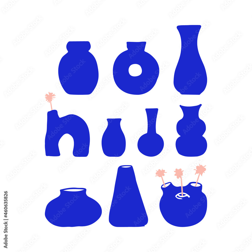 Set of blue modern vases and plants. Vector illustration. Silhouette of abstract pottery Set of blue modern vases and plants. Vector illustration. Silhouette of abstract pottery