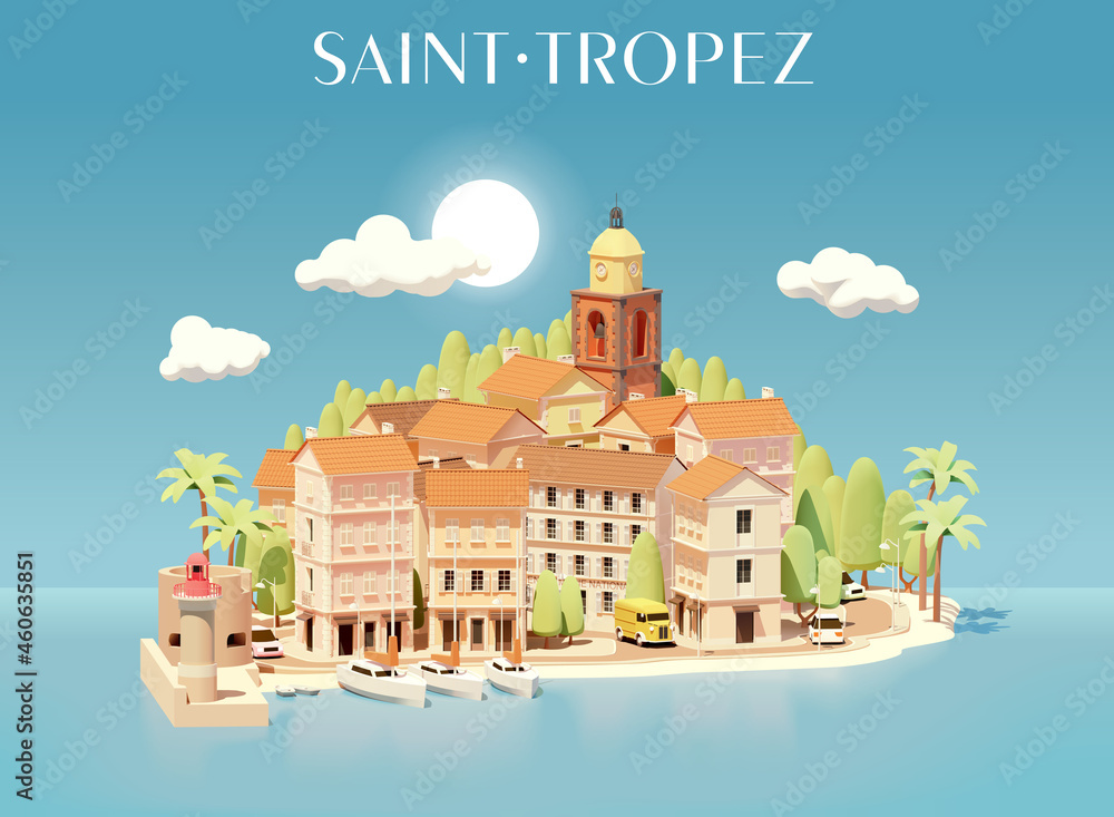 Vector Saint-Tropez, France, cityscape illustration. Town view from the sea. Buildings, streets, port with yachts, church tower, lighthouse