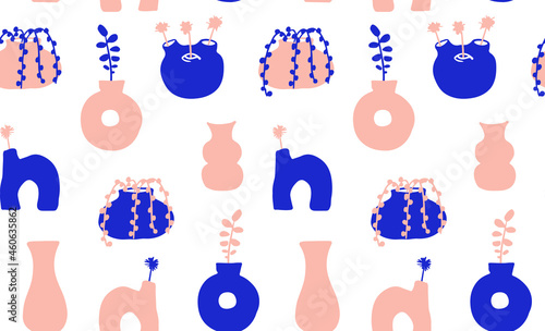 Seamless trendy pattern with modern geometric vases and plants. Vector background with blue and pink silhouettes