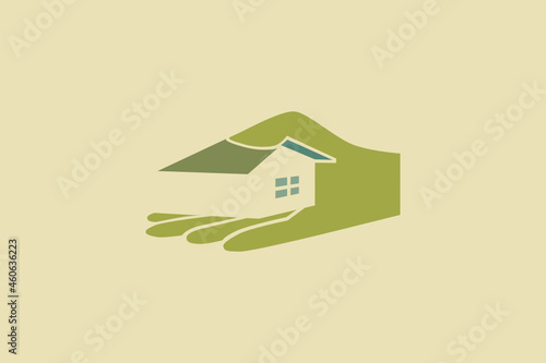 Logo with an illustration of a house and a hand with a giving gesture