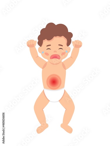 Baby colic bowel ache. Newborn cry. Vector illustration