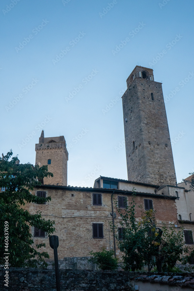 The ancient little town of San Gimignano, along via Francigena, Tuscany, at sunset