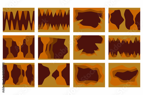 A set of drawings of a cave with stalactites and stalagmites.