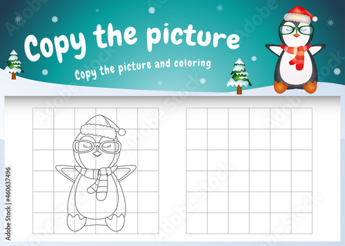 Copy the picture kids game and coloring page with a cute penguin using christmas costume