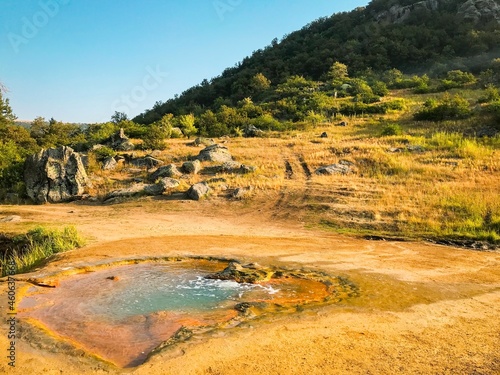 Natural hot springs in Jermuk mountains outdoors. Hidden gems sightseeing Armenia.