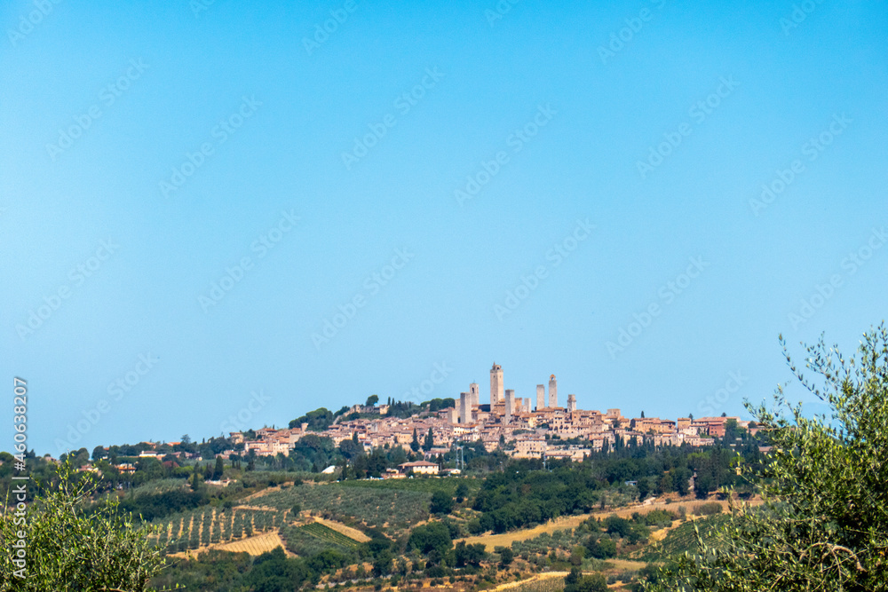 Colorful skyline of little ancient town of San Gimignano, Tuscany, along via Francigena