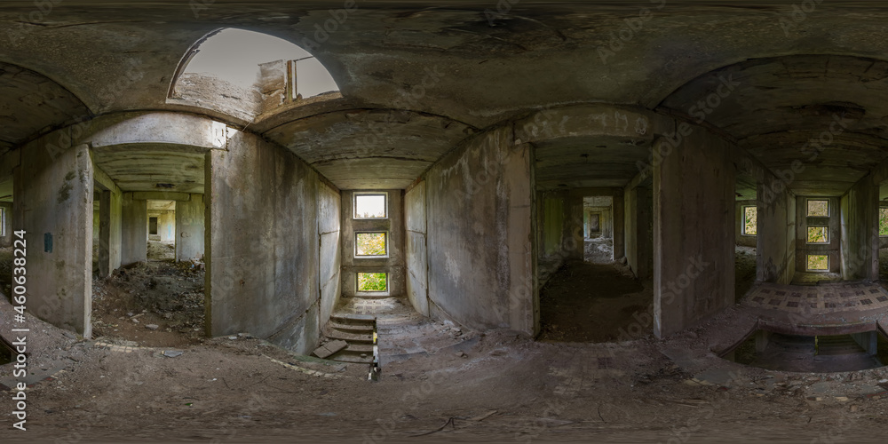 Spherical 360 degree panorama of abandoned building with ragged walls and rubbish on floor on landing. Full equirectangular projection for virtual reality or VR. Spherical 360 degree panorama of abandoned building with ragged walls and rubbish on floor on landing. Full equirectangular projection for virtual reality or VR.
