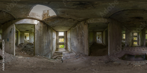 Spherical 360 degree panorama of abandoned building with ragged walls and rubbish on floor on landing. Full equirectangular projection for virtual reality or VR.