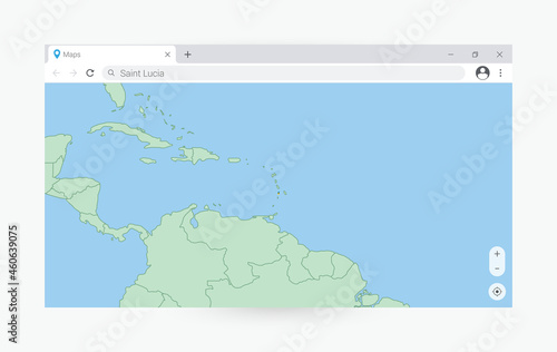 Browser window with map of Saint Lucia, searching Saint Lucia in internet.