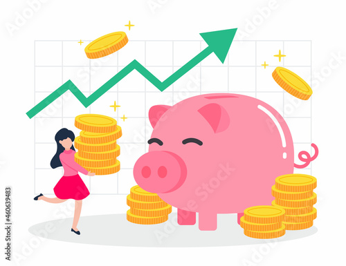 Woman carrying stack of golden money coins to piggy bank. Grid with positive graph. Creative financial concept of interest from savings. Rich or wealthy. Trendy cute cartoon vector flat illustration.