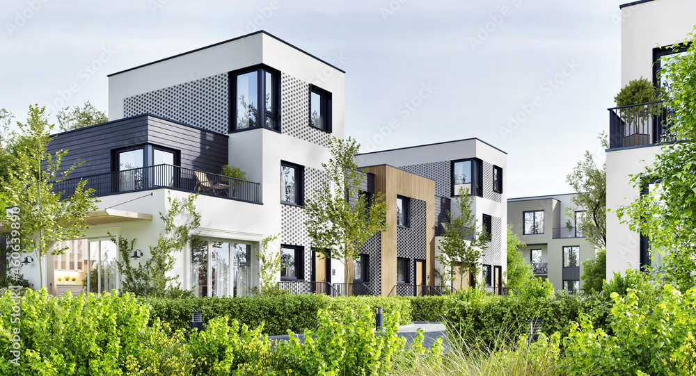 Modern Residential Buildings in a Green Residential Area Modern Residential Buildings in a Green Residential Area
