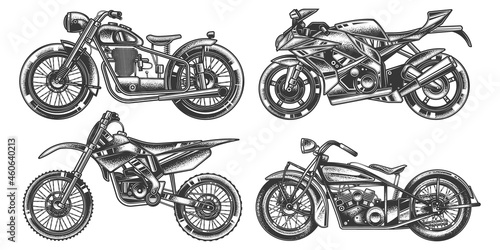 Original vector illustration in vintage style. A set of motorcycles. Sports, mountain, and retro custom motorcycles.