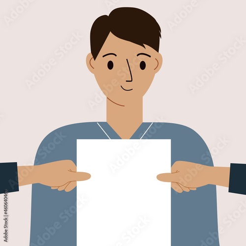 One man watch as another man shows him a blank sheet of paper. A poster with space for text is recommended as a gesture.