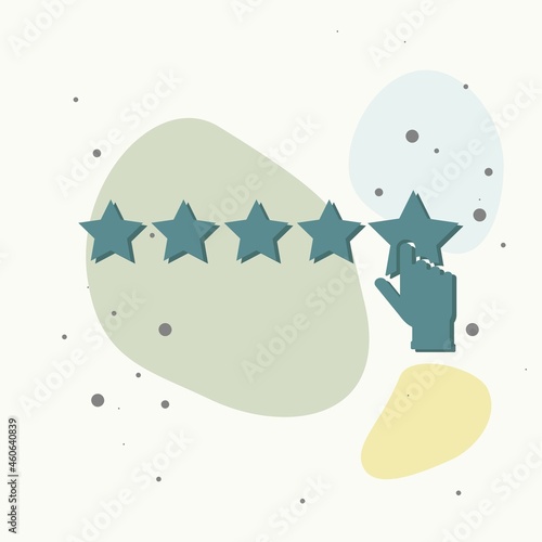 Vector icon of customer feedback. The client's hand clicks on the asterisk. Customer review on multicolored background.
