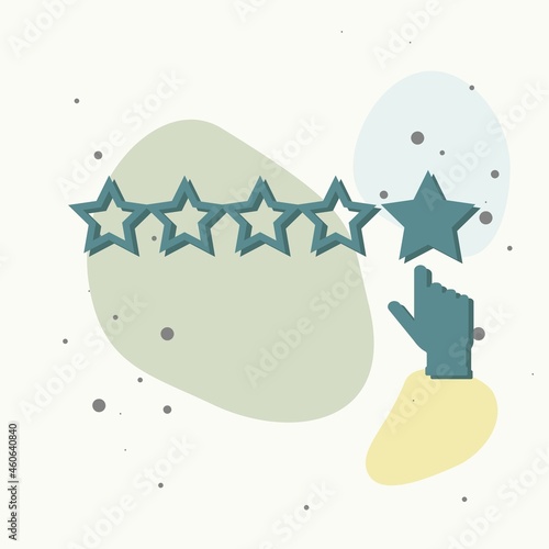 Vector icon of customer feedback. The client's hand clicks on the asterisk. Customer review on multicolored background.