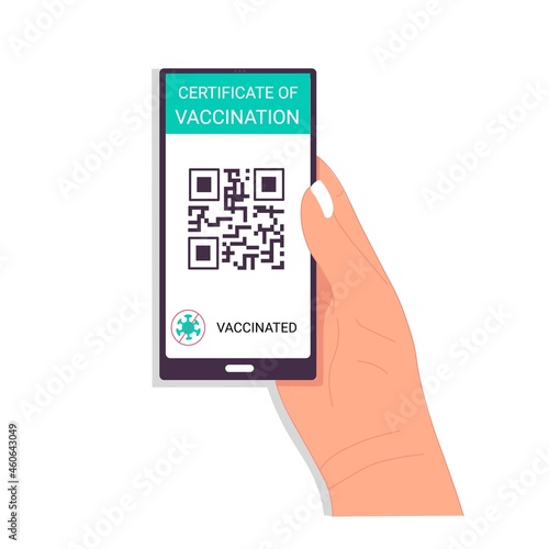 Vaccination and immunization certificate on smartphone, green tourist passport. Vector illustration