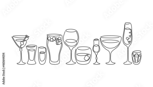 One line drawing martini rum wine liquor champagne tequila beer whiskey vermouth vodka glass on white background. Black and white objects are arranged in row. Hand drawn continuous line way