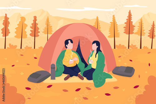 Couple camping in october flat color vector illustration. Recreational activity in november. Autumn relaxation. Happy boyfriend and girlfriend 2D cartoon characters with landscape on background